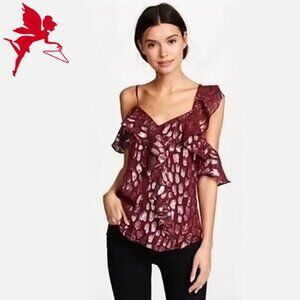 VERONICA BEARD Benton Burgundy & Silver Leopard Print Ruffle Top